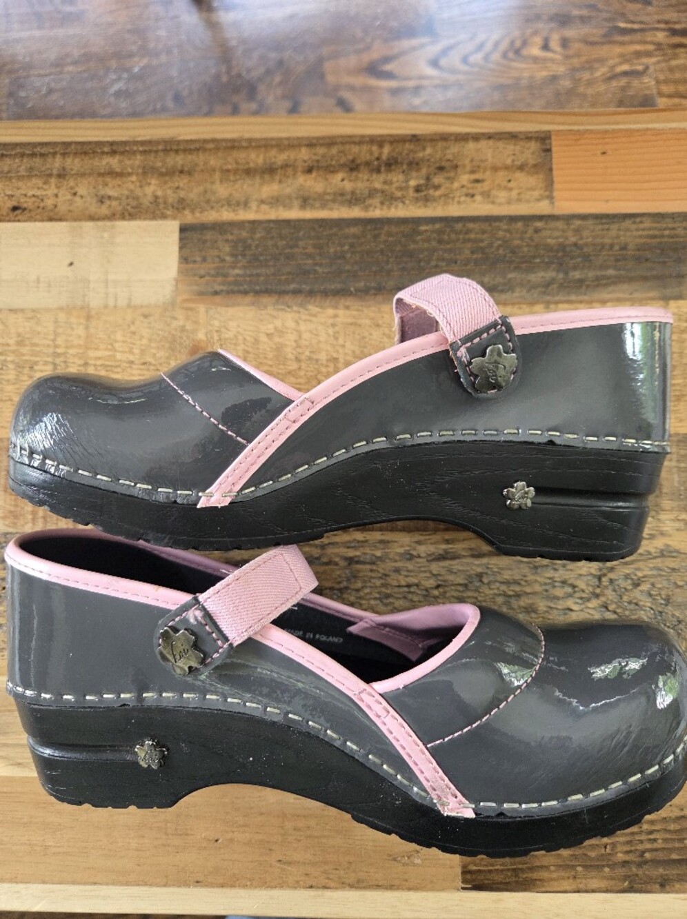 Koi By Sanita Grey Patent Leather Mary Jane Mules with Pink Trim